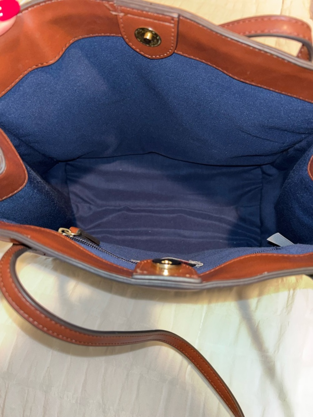Liz Claiborne Blue Geometric Tote Bag Brown Trim Shoulder Purse - Picture 5 of 9